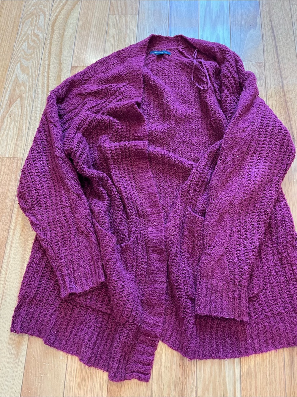 American Eagle Outfitters Open-Front Chunky Knit Cardigan in Berry